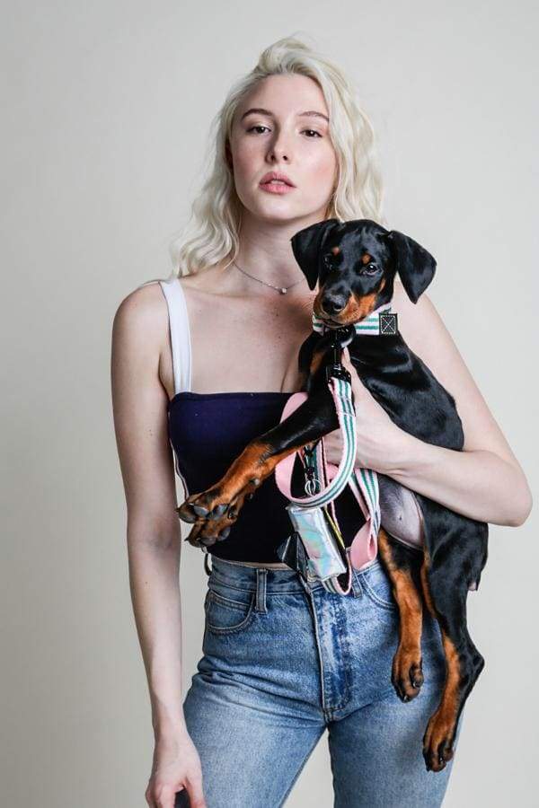 girl with doberman puppy and pink dog leash