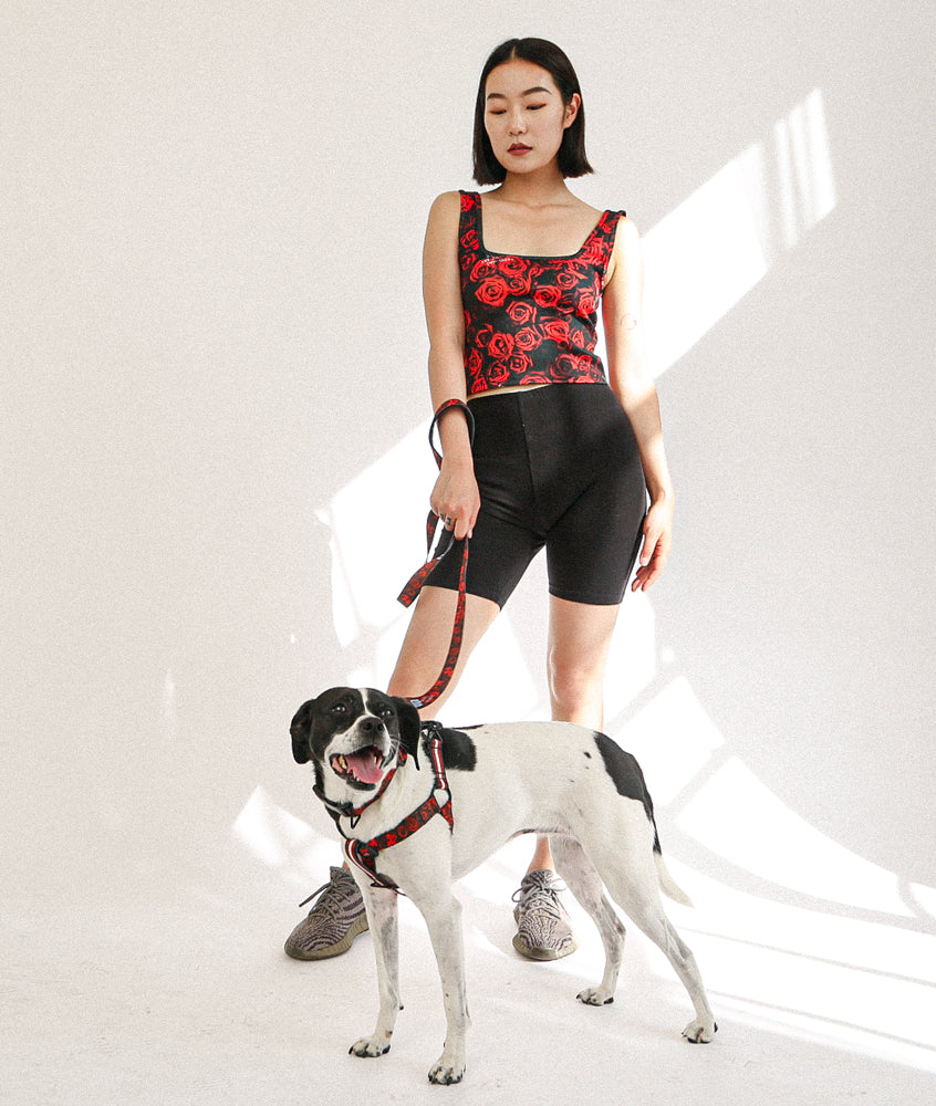girl with dog in rose harness and matching rose design tank top