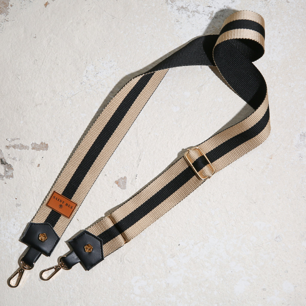 beige black striped bag strap with gold hooks
