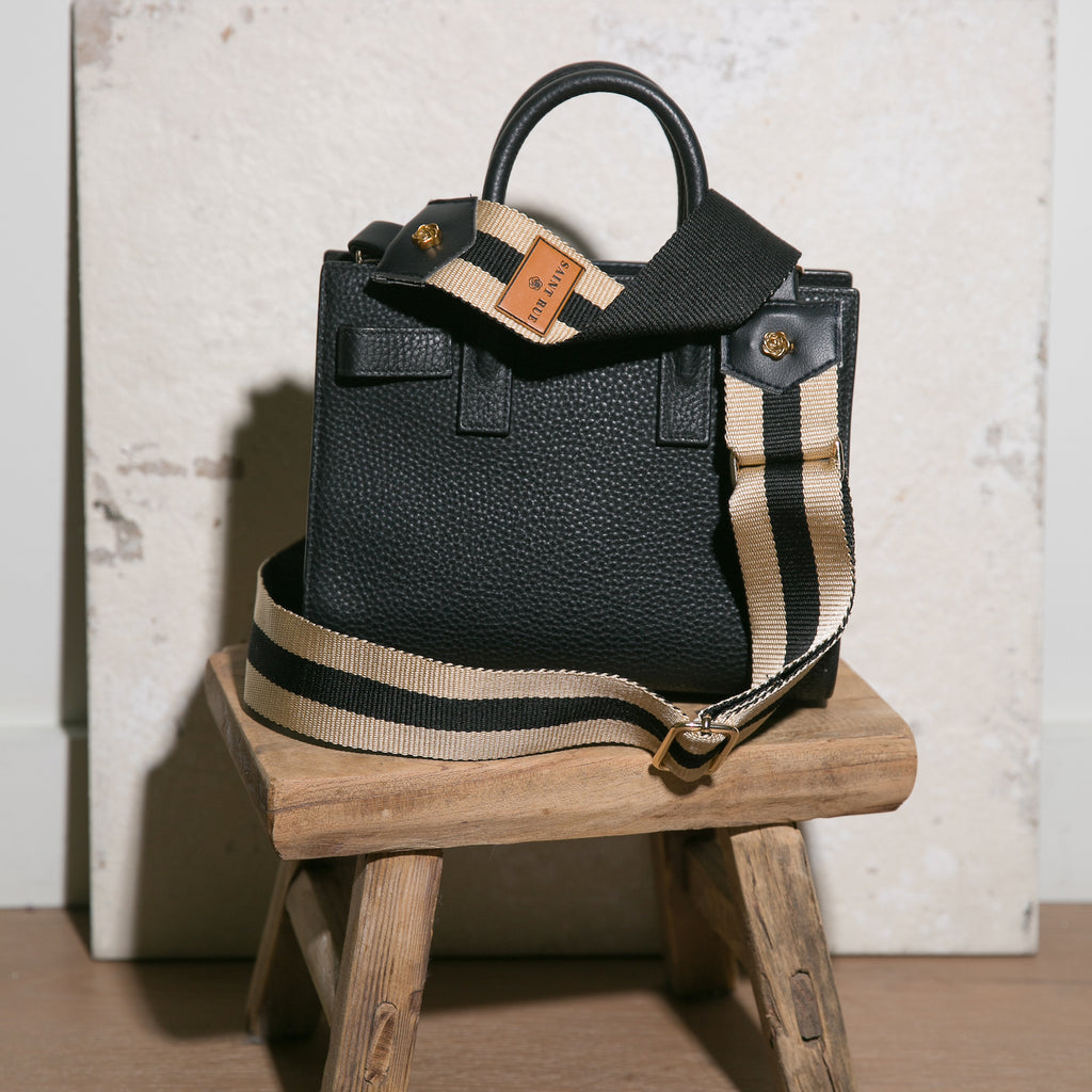 yves saint laurent black bag with striped bag straps