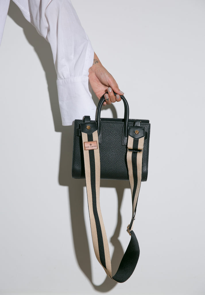 black ysl bag with beige black striped straps