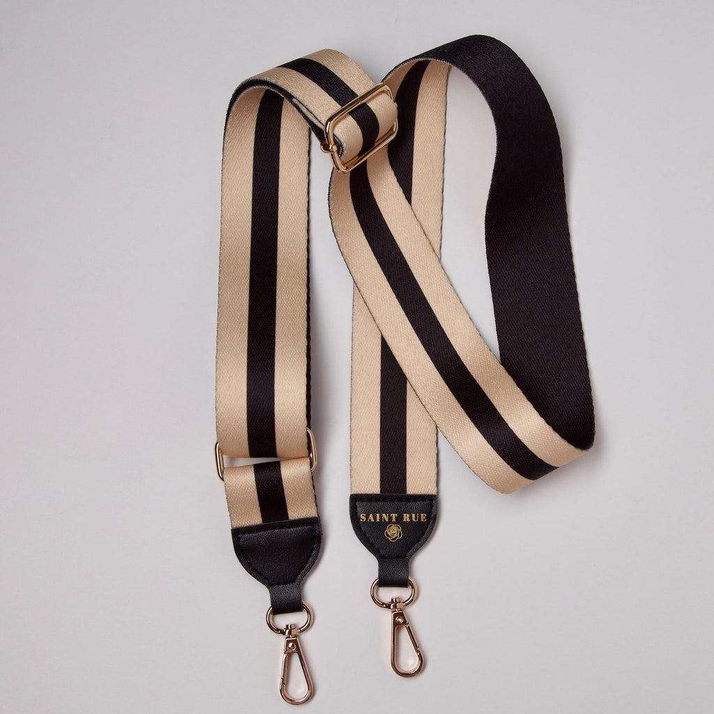 beige black sleek bag strap with gold hooks