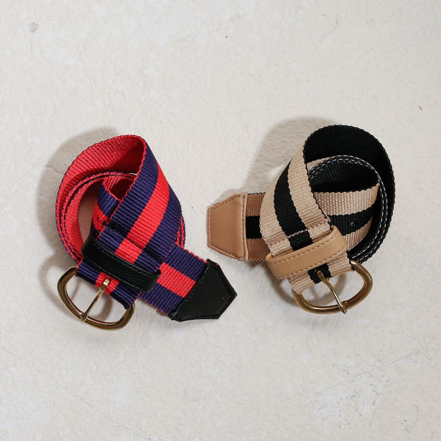 women's woven fabric striped belt with gold buckle and faux leather tip red blue belt and beige black