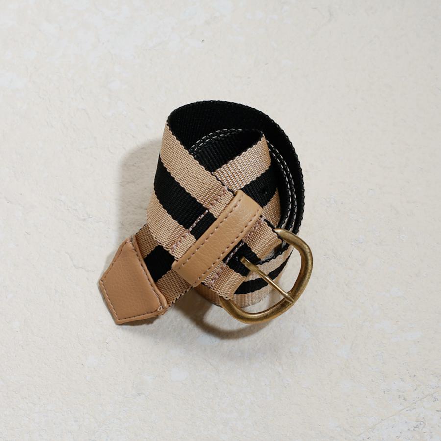women's woven fabric striped belt with gold buckle and faux leather tip in beige black