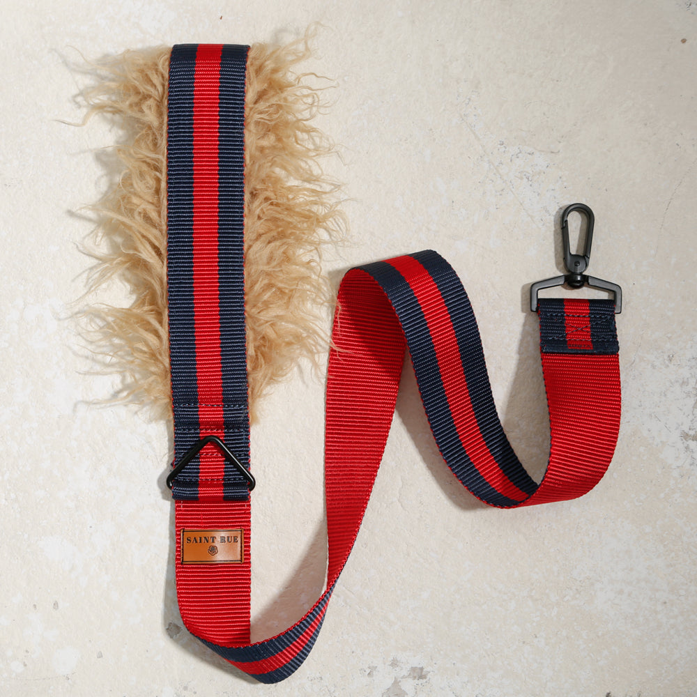 high quality dog leash red navy with faux fur handle