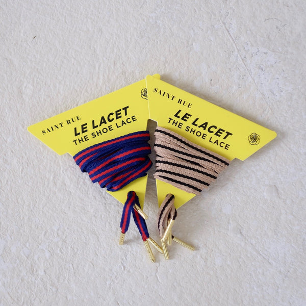 striped shoelaces in red blue and beige black