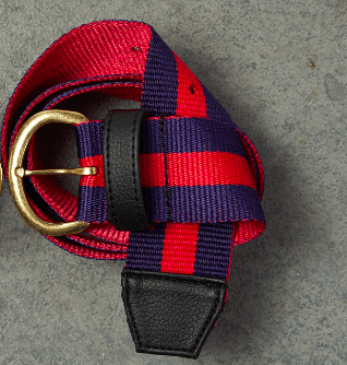 women's woven fabric striped belt with gold buckle and faux leather tip