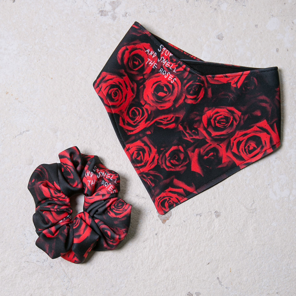 red rose hair scrunchie and matching rose bandana