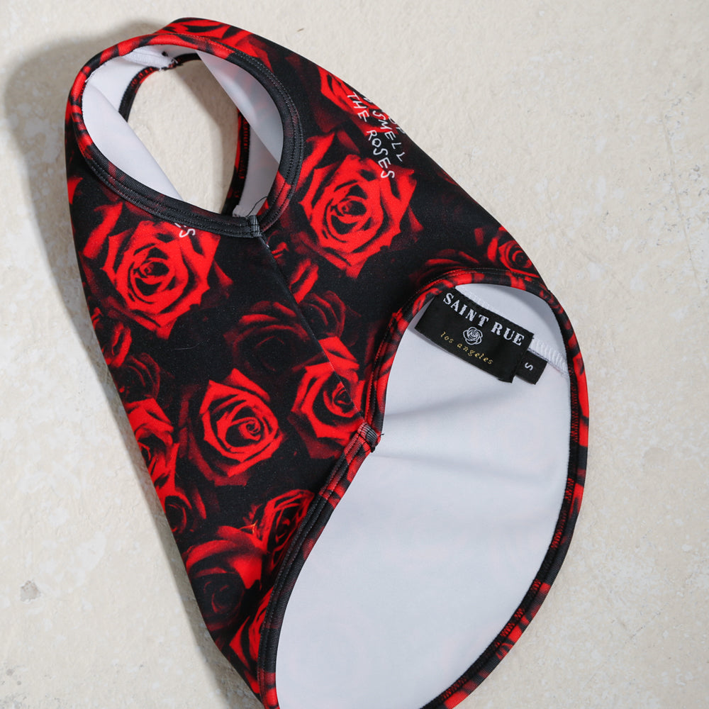 dog tank top with red rose designs fabric label